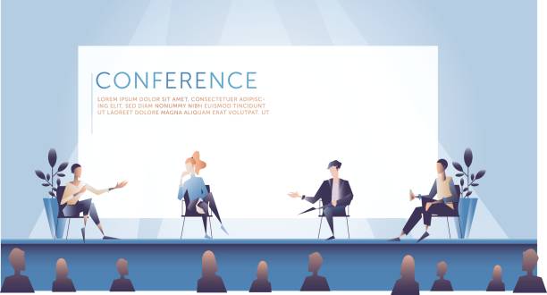 Illustration of conference host interacting with panel of experts A confident female host of a business conference gestures as she discusses something with a panel of experts. panel stock illustrations