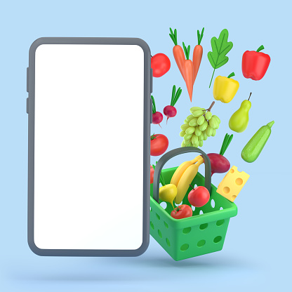Grocery store online. Food ordering and food delivery via mobile phone application. Concept of vegetables, fruits, phone and shopping basket. 3d illustration.