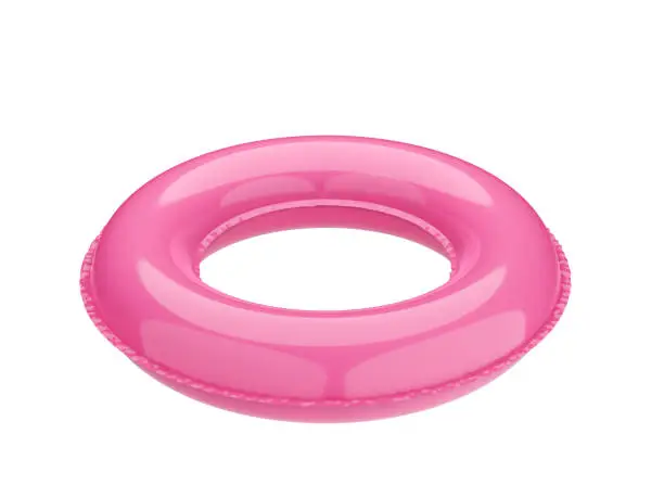 Photo of Rubber ring, round pink life buoy. Summer inflatable toy.