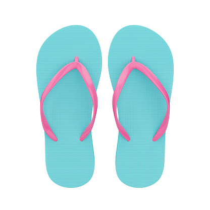Blue and pink flip flops isolated on white. Summer beach shoes. 3d rendering.