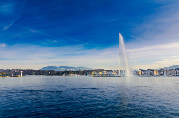 Geneva water jet above Lean lake at Switzerland