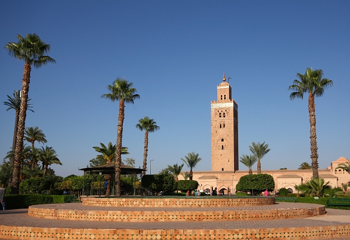 Marrakech, Morocco-September 26, 2013: Distant view of Kutubiyya Mosque in Marrakech. There are palm trees around the mosque on a sunny day.