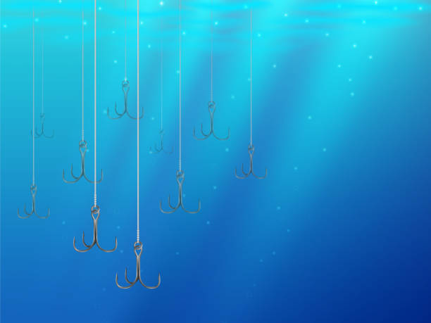istock Fishing lures backgrounds. Realistic hooks wallpaper for catching salmon, catfish, tuna, pike, perch, marlin, bass, trout or tarpon. Underwater wobblers vector for web and printed products. 1395593899