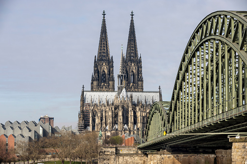 Cologne, Germany: Apr 24th 2022: Cologne cathedral is iconic and internationally known landmark in German city. It's twin towers are visible all over the city.