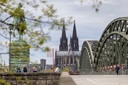 Cologne, Germany: Apr 24th 2022: Cologne cathedral is iconic and internationally known landmark in German city. It's twin towers are visible all over the city.