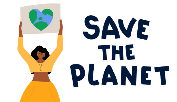 junge afrikanerin protestiert mit plakat in der hand gegen die umweltverschmutzung. isolierte flache vektorillustration. aktivistin, die für umwelt und gute ökologie auf der erde kämpft. rette den planeten. - klimaschutz stock-grafiken, -clipart, -cartoons und -symbole