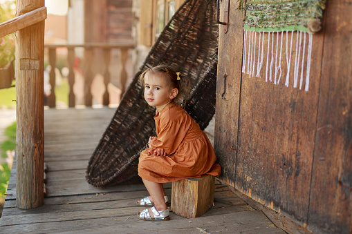 A sweet, thoughtful, beautiful and a little sad girl is sitting on a stump on the terrace of an old wooden village house. Pensive dreamy child.