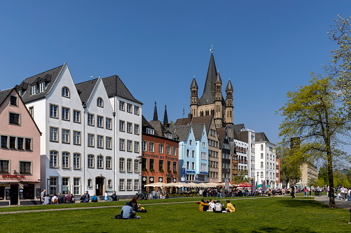 Cologne, Germany: Apr 17th 2022: Cologne Old Town is full of colorful and well preserved buildings.