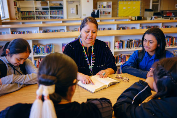 istock High School Teacher and Students in a School Library 1395601809
