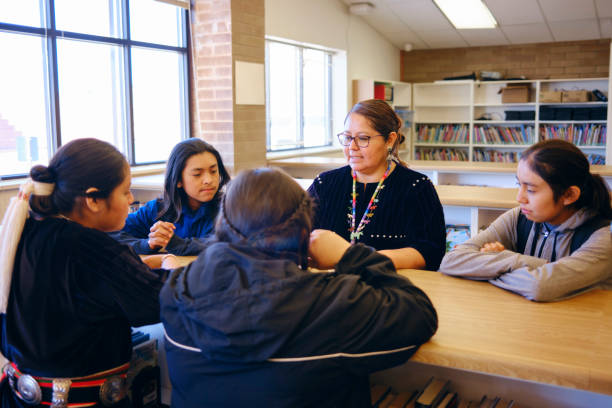 istock High School Teacher and Students in a School Library 1395601859