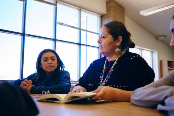 istock High School Teacher and Students in a School Library 1395601901