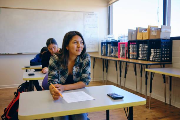 gymnasiasten in einem klassenzimmer - navajo american culture indigenous culture women stock-fotos und bilder