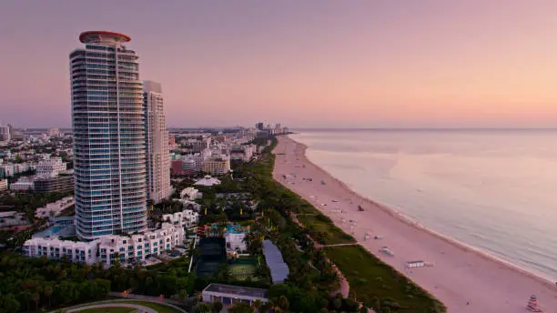 Aerial shot of Miami Beach, Florida before sunrise.