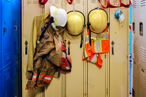 Firefighting equipment in a fire station.