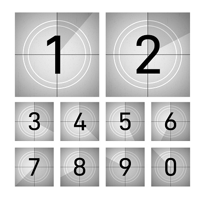 Countdown frames. Retro cinema numbers, abstract film count. Vintage classic tv movie animation. Old grey motion timer, counter exact vector set. Illustration of number countdown