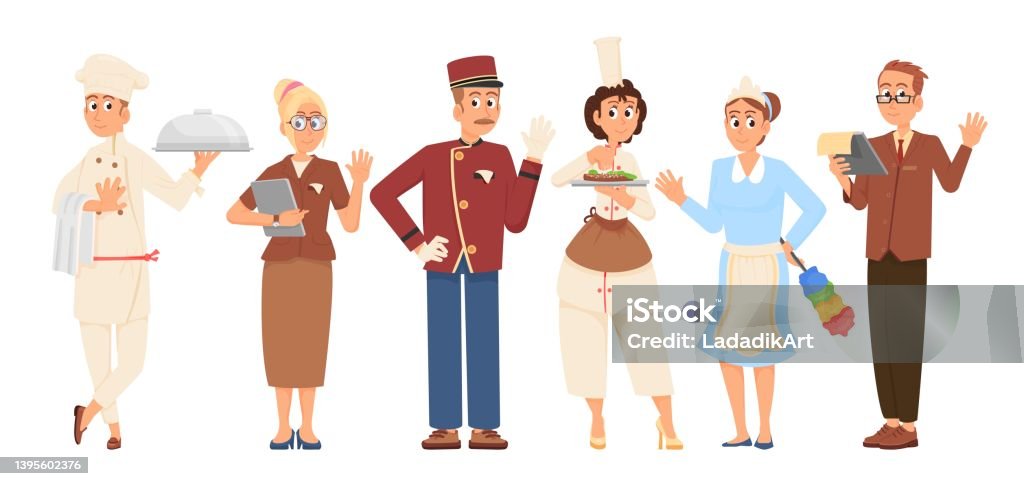 Hotel Staff Cartoon Characters Professional Hospitality Workers On Job  Waiter Receptionist And Room Service People Employees Decent Vector Set  Stock Illustration - Download Image Now - iStock