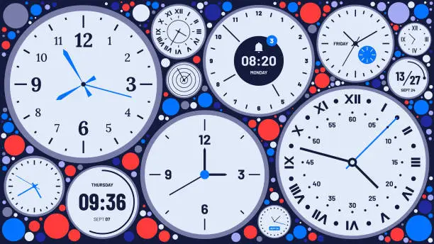 Vector illustration of Time concept with many different clocksWeb