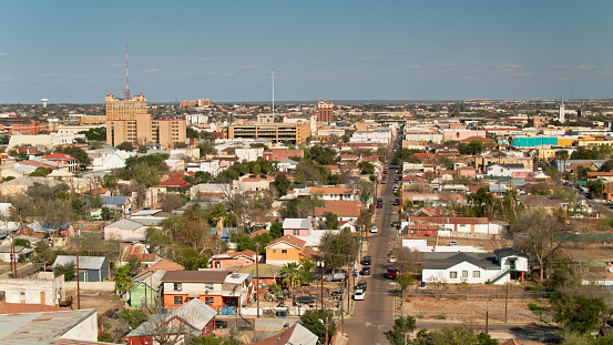 Aerial view of Laredo, Texas on a sunny afternoon over looking downtown Laredo\n\nAuthorization was obtained from the FAA for this operation in restricted airspace.