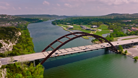 Aerial view of Pennybacker Bridge on the outskirts of Austin, Texas