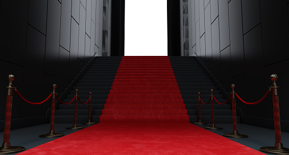 Abstract black room with stairs and open door with bright light. red carpet on stairway to open door, 3D render