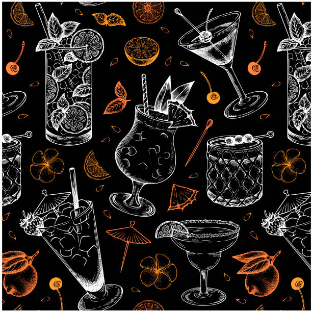 Sketch hand drawn pattern of cocktail with lemon, pineapple, mint and lime isolated on black background. Sketch hand drawn pattern of cocktail with lemon, pineapple, mint and lime isolated on black background. Chalk drawing alcohol drink wallpaper. Martini, Tequila Sunrise, Margarita. Vector illustration cocktail patterns stock illustrations