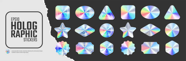 ilustrações de stock, clip art, desenhos animados e ícones de iridescent color holographic stickers, set of quality hologram rainbow shiny emblems of various different shapes, vector illustration mockup design labels tags - spectrum rainbow backgrounds disco