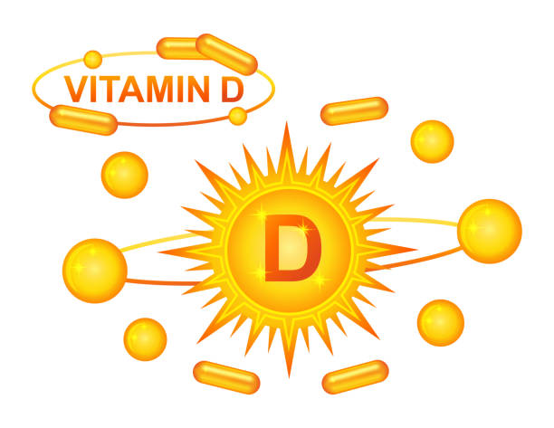 Vitamin D diet food supplement, yellow sun with medicine pill capsule. Medical cholecalciferol tablet, chemical pharmacy multivitamin medicament. Mineral nutrition supply. Health care treatment. Vector Vitamin D diet food supplement, yellow sun light with medicine pill capsule icon. Medical cholecalciferol tablet, chemical pharmacy multivitamin medicament product label. Natural nutrition, mineral supply. Skin beauty cosmetic. Health care treatment. Healthy eating. Vector magnesium deficiency stock illustrations