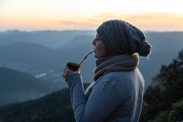 woman drinking yerba mate in the morning on the top of a mountain, rio grande do sul highlands, brazil - sierra imagens e fotografias de stock