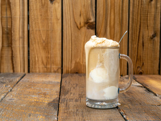 Old Fashioned Root Beer Float on a wood background. stock photo