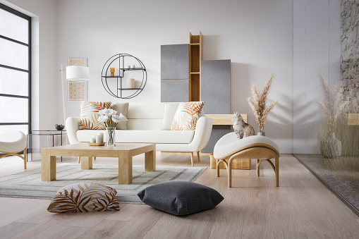 Contemporary classic white beige interior with furniture and decor.