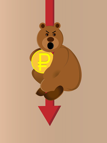 Bear drops with red arrow holding on ruble coin.