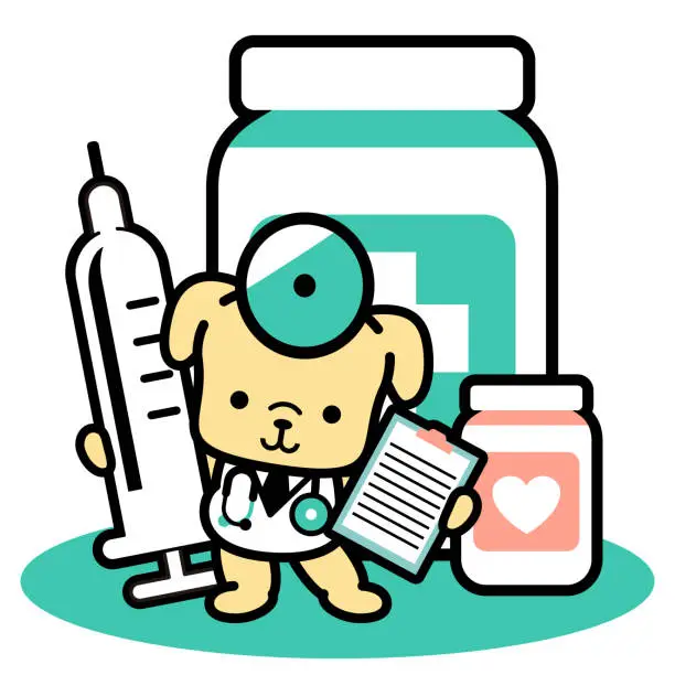 Vector illustration of A cute dog doctor standing in front of big pill bottles and holding a big syringe and medical record