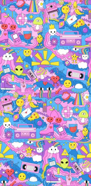 Vector illustration of Abstract seamless pattern with cartoon characters, retro and vintage objects.