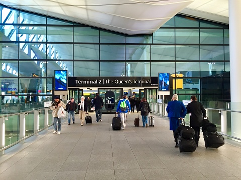 London, UK- December 16, 2014:  For the Christmas and New Year holiday 2014, I took a Turkish Airlines flight from London to Beijing, transferring in Istanbul, Turkey. Here is Terminal 2 of London Heathrow Airport.