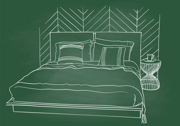 Styled Bedroom Sketch Chalkboard Vector sketch illustration of a modern and trendy bedroom bed frame stock illustrations