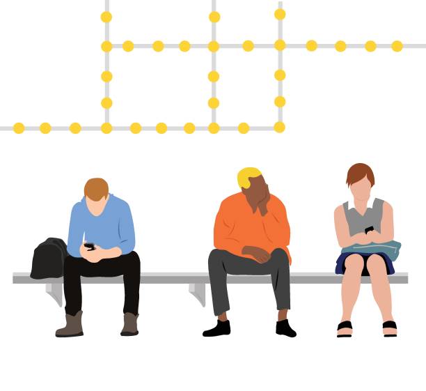 SubwayPassengersWaitingYellow Flat design illustration with commuters at a subway station waiting for the train to come sitting on bench stock illustrations