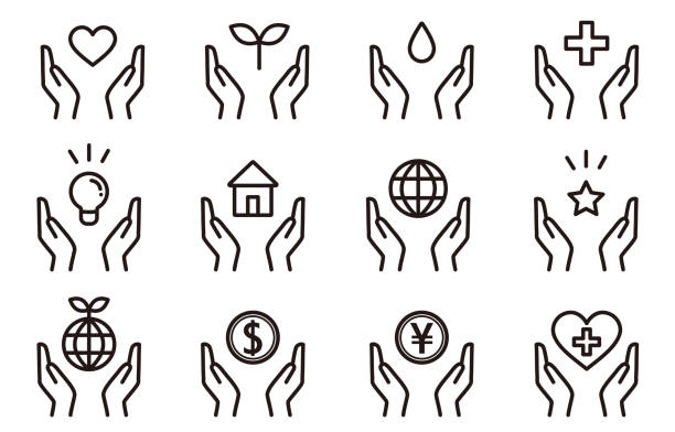 ilustrações de stock, clip art, desenhos animados e ícones de safe icon set  wrapped by hand - earth globe human hand symbols of peace