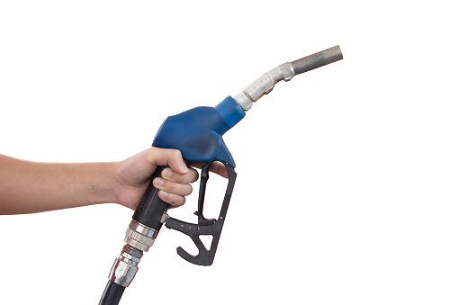 Oil Gas Fuel Nozzle head hand holding isolated object on white with clipping path.