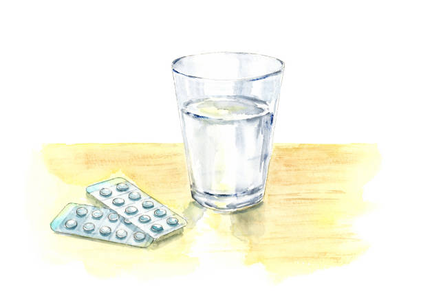 illustrations, cliparts, dessins animés et icônes de illustration à l’aquarelle de prendre des médicaments - taking pills glass pill white background