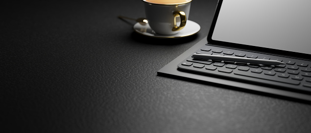 Modern stylish dark workspace with portable tablet with wireless keyboard and a coffee cup on leather black table. Cropped image. 3d rendering, 3d illustration