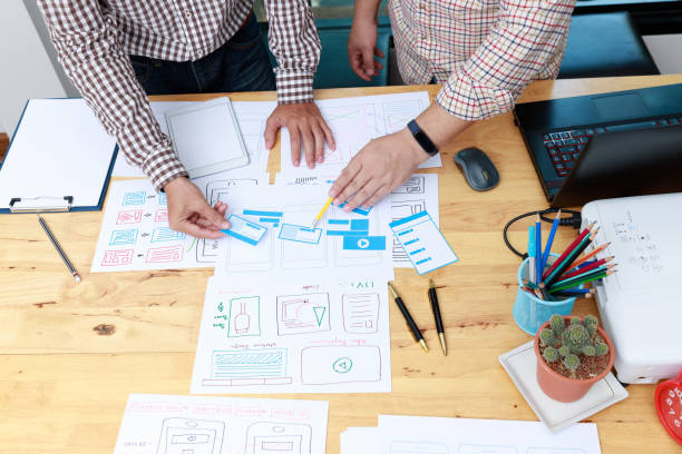 istock Graphic designers work together with UX UI designer planning application template layout framework for mobile phone computer mobile 1395640724