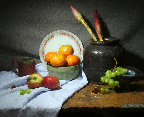 Digital oil painting of grape, orange, apple and ceramic utensils on table with white color tablecloth,  branch and carpet background