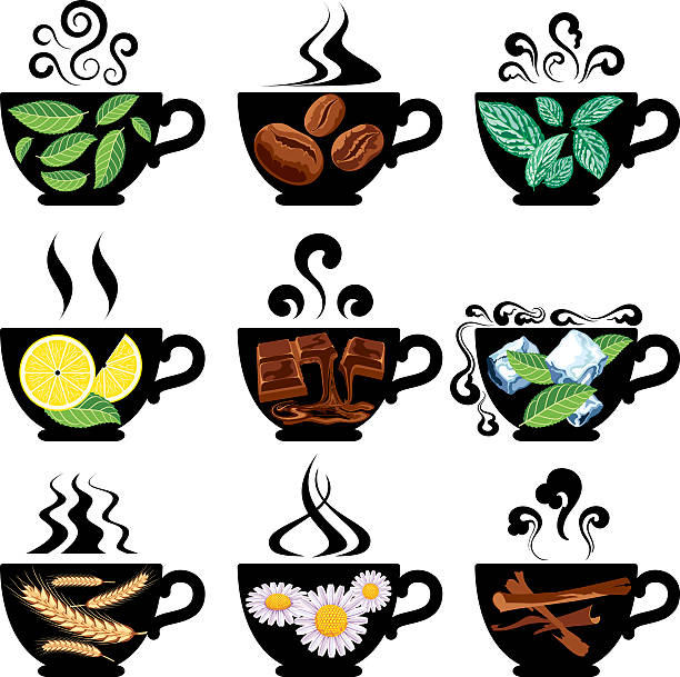 ilustraciones, imágenes clip art, dibujos animados e iconos de stock de de tés, cafés y bebidas similares. - mint tea peppermint tea green tea