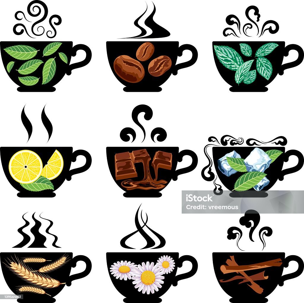 Chás, café e bebidas semelhantes. - Vetor de Folhas de Chá royalty-free