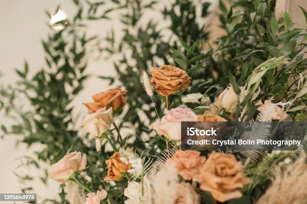 Neutral Pastel Roses Pampas Grass Dried Bunny Tails Stock Spray Flowers White Fern Leaves Greenery Decor At A Chic Neutral Romantic Rustic Modern Style Wedding Reception Decor At A Spring Wedding In Tennessee Stock Photo - Download Image Now