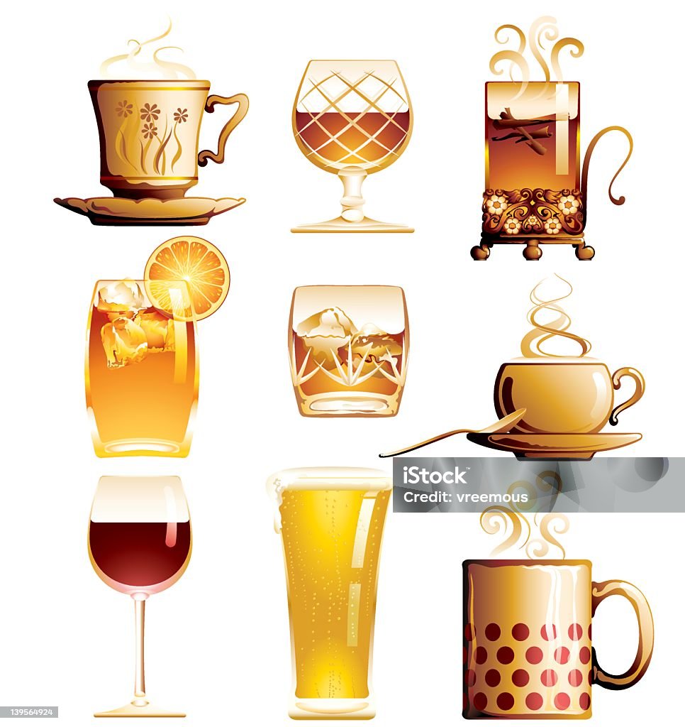 DRINKS Various drinks, hot and cold, alcoholic and non-alcoholic, in different representative cups. Cup stock vector