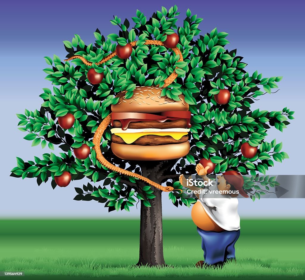 Food Choice Snake in an apple tree tempting an obese man to eat a burger. Apple - Fruit stock vector