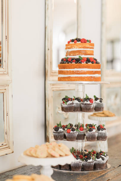 A closeup of decorated cupcakes at a wedding.