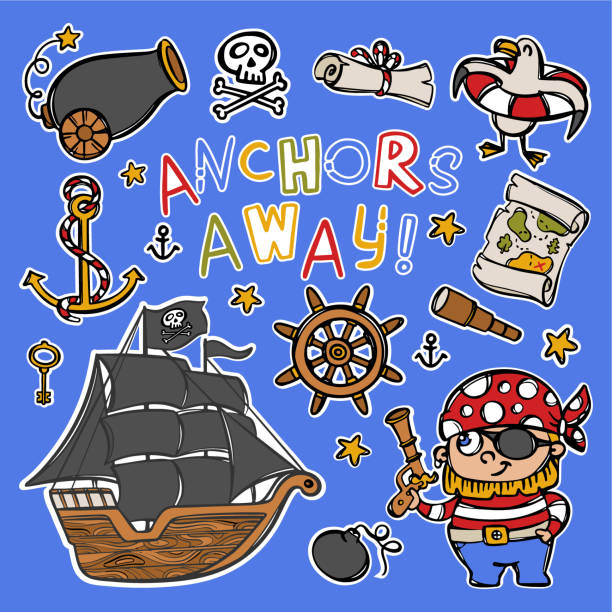 PIRATE AND CORVETTE Cartoon Marine Sticker Vector Collection PIRATE AND CORVETTE Sailboat With Black Sails And Other Sea Travel Attributes Hand Drawn Cartoon Stickers Vector Illustration Collection For Design And Print pirate criminal stock illustrations