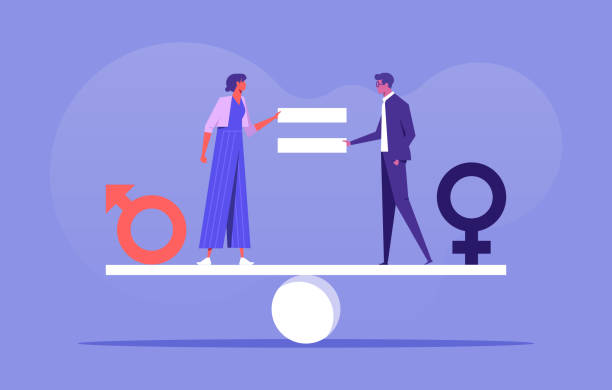 Equality in genders rights concept Gender equality concept. Male and female with symbol on the scales feeling equal discrimination gender equality stock illustrations